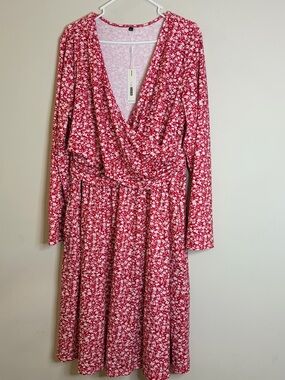 Red Floral Wrap-Style Long Sleeve Midi Dress